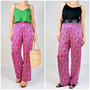 Nora Martin Pink Floral Silk Pants High-waisted
